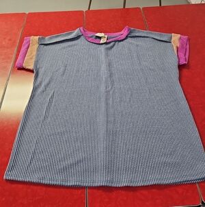 7th Ray Blue Ribbed Top with Pink Trim